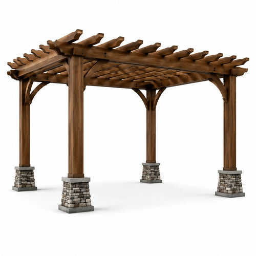 Pergolato in legno e pietra quadrato marrone 300x300x240 cm