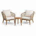 Set da giardino in legno e rattan con cuscini beige, tavolino rotondo
