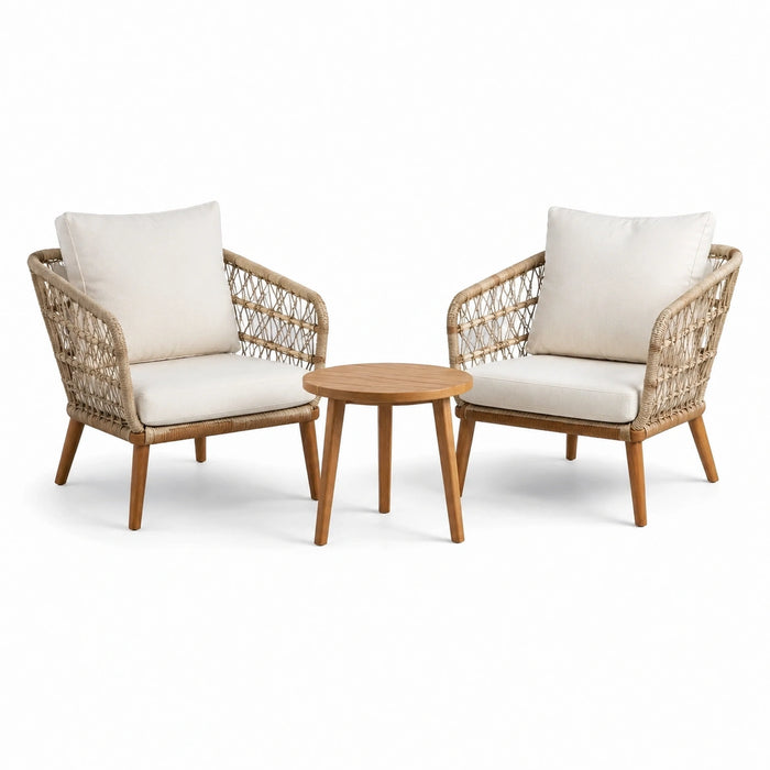 Set da giardino in legno e rattan con cuscini beige, tavolino rotondo