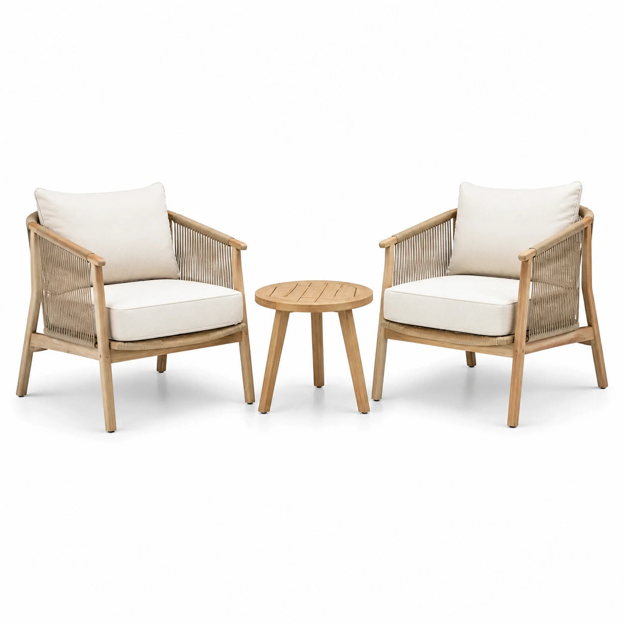 Set da giardino con due poltrone in legno e tavolino rotondo