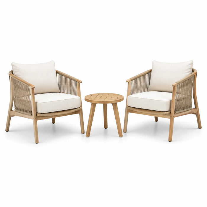 Set da giardino con due poltrone in legno e tavolino rotondo