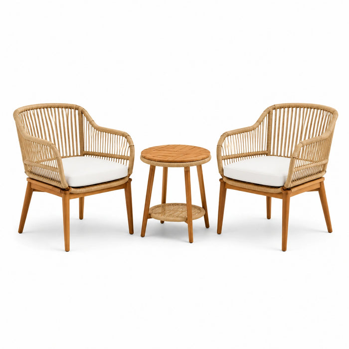 Set da giardino in legno e rattan con sedie e tavolino