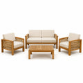 Set salotto da giardino in legno teak e corda con cuscini beige