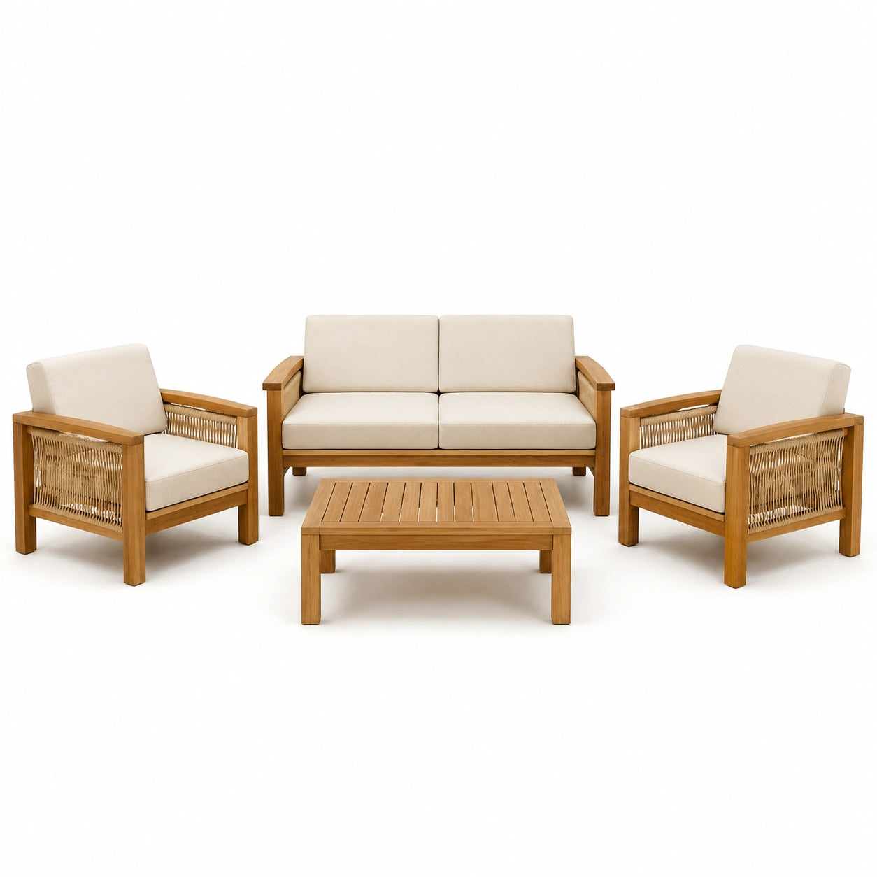 Set salotto da giardino in legno teak e corda con cuscini beige