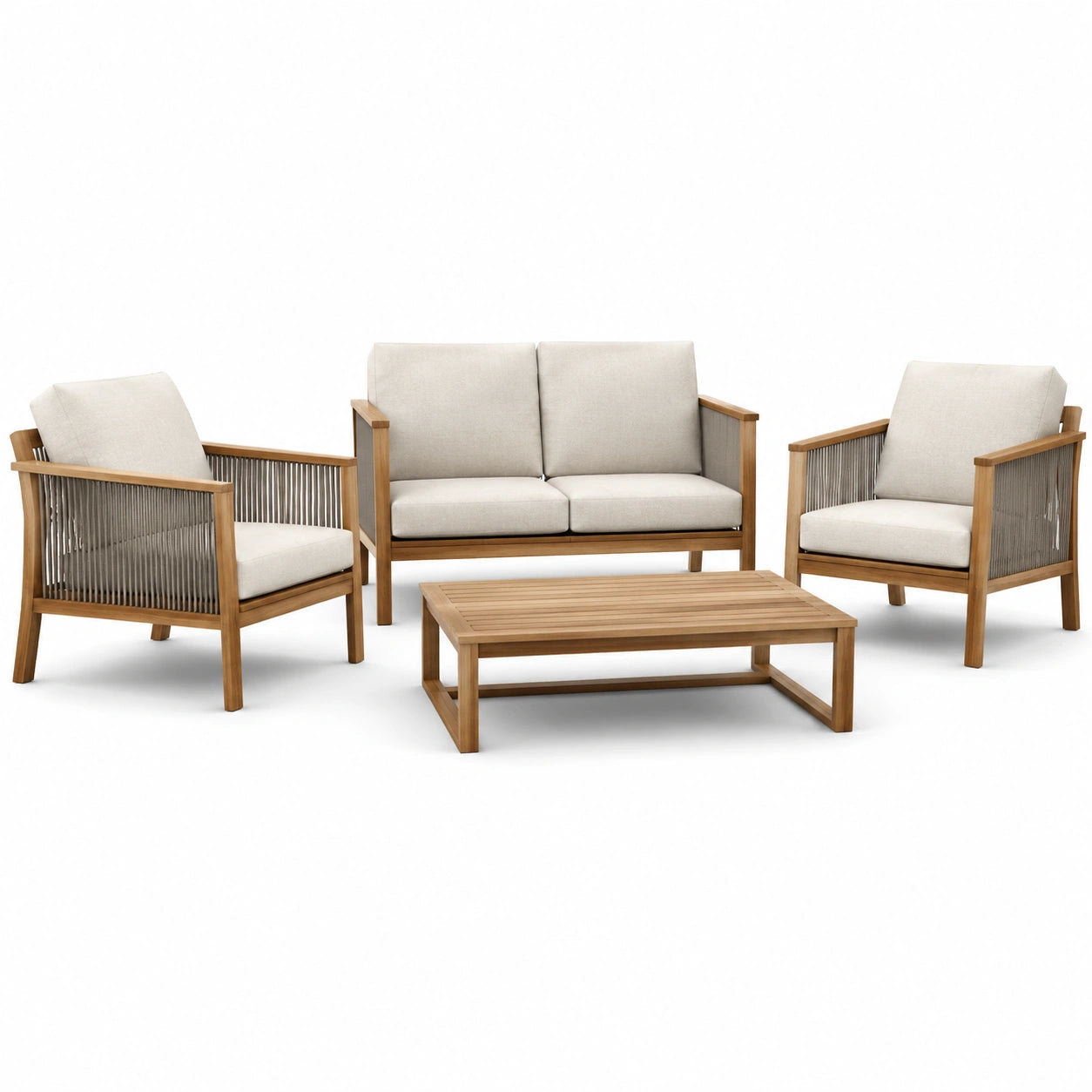 Set da giardino in legno e corda beige, 4 pezzi