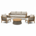 Set da giardino in legno e corda beige con divano 3 posti, 2 poltrone e tavolino rotondo