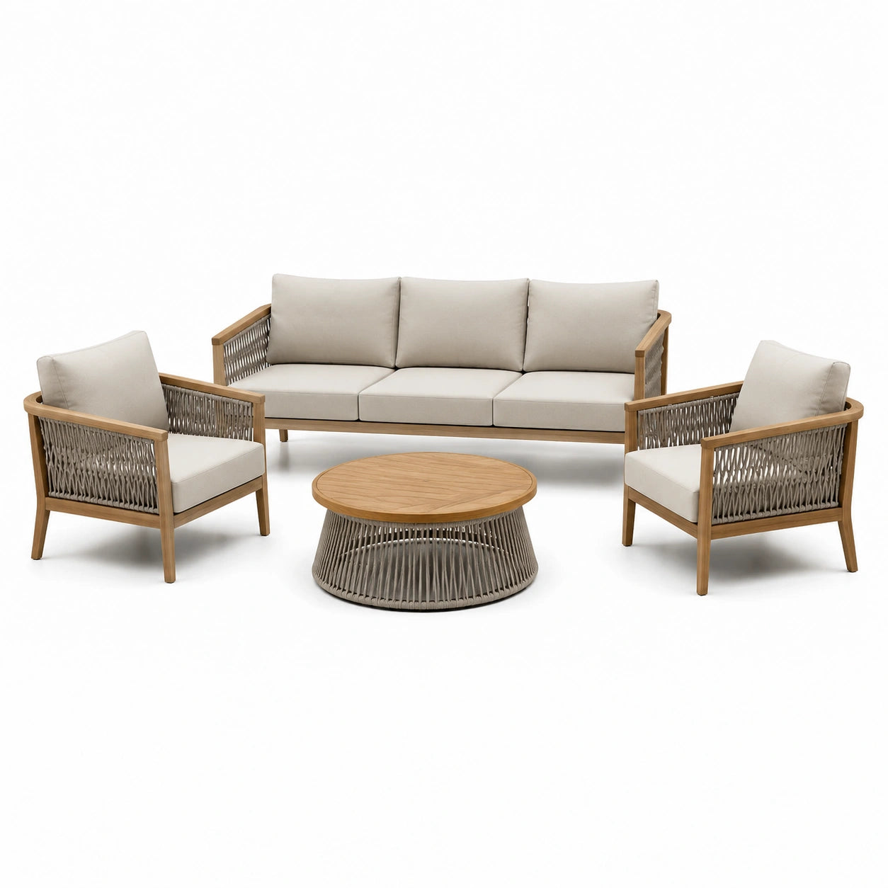 Set da giardino in legno e corda beige con divano 3 posti, 2 poltrone e tavolino rotondo