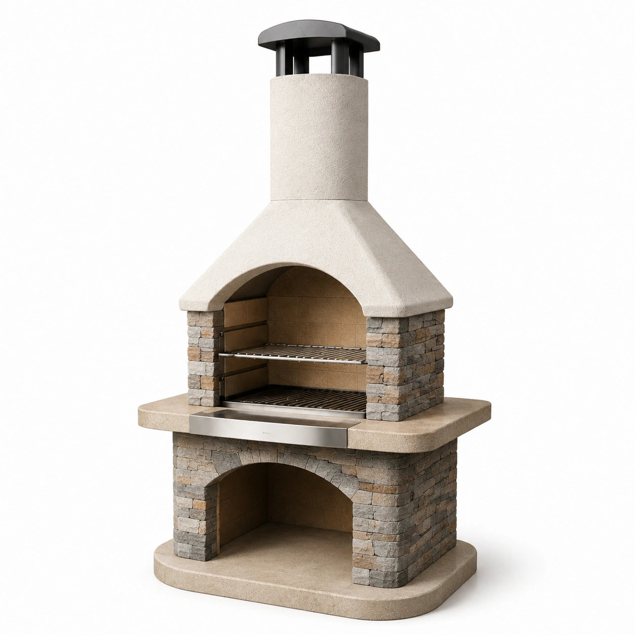 Barbecue da esterno in pietra naturale e acciaio inox con cappa