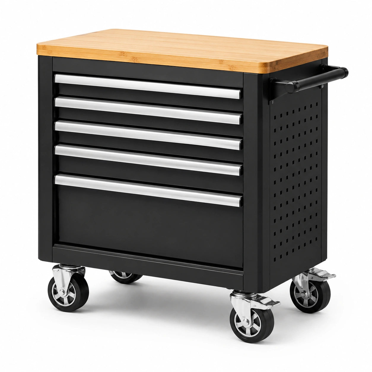 Carrello portautensili in metallo nero con piano in bambù