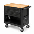 Carrello nero in metallo con piano in legno massello e 3 cassetti