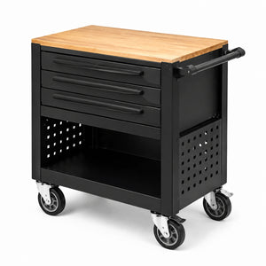 Carrello nero in metallo con piano in legno massello e 3 cassetti