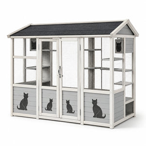Gabbia per gatti in legno e metallo con tetto bitumato nero e decorazioni grigio 200x100x180 cm