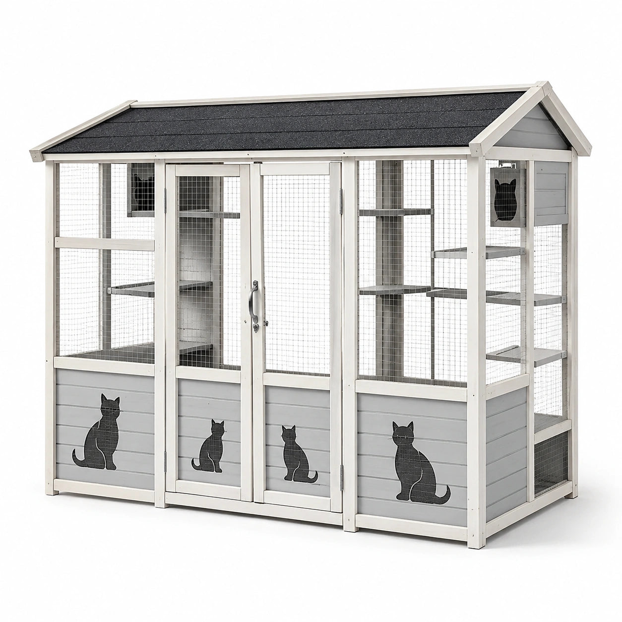 Gabbia per gatti in legno e metallo con tetto bitumato nero e decorazioni grigio 200x100x180 cm