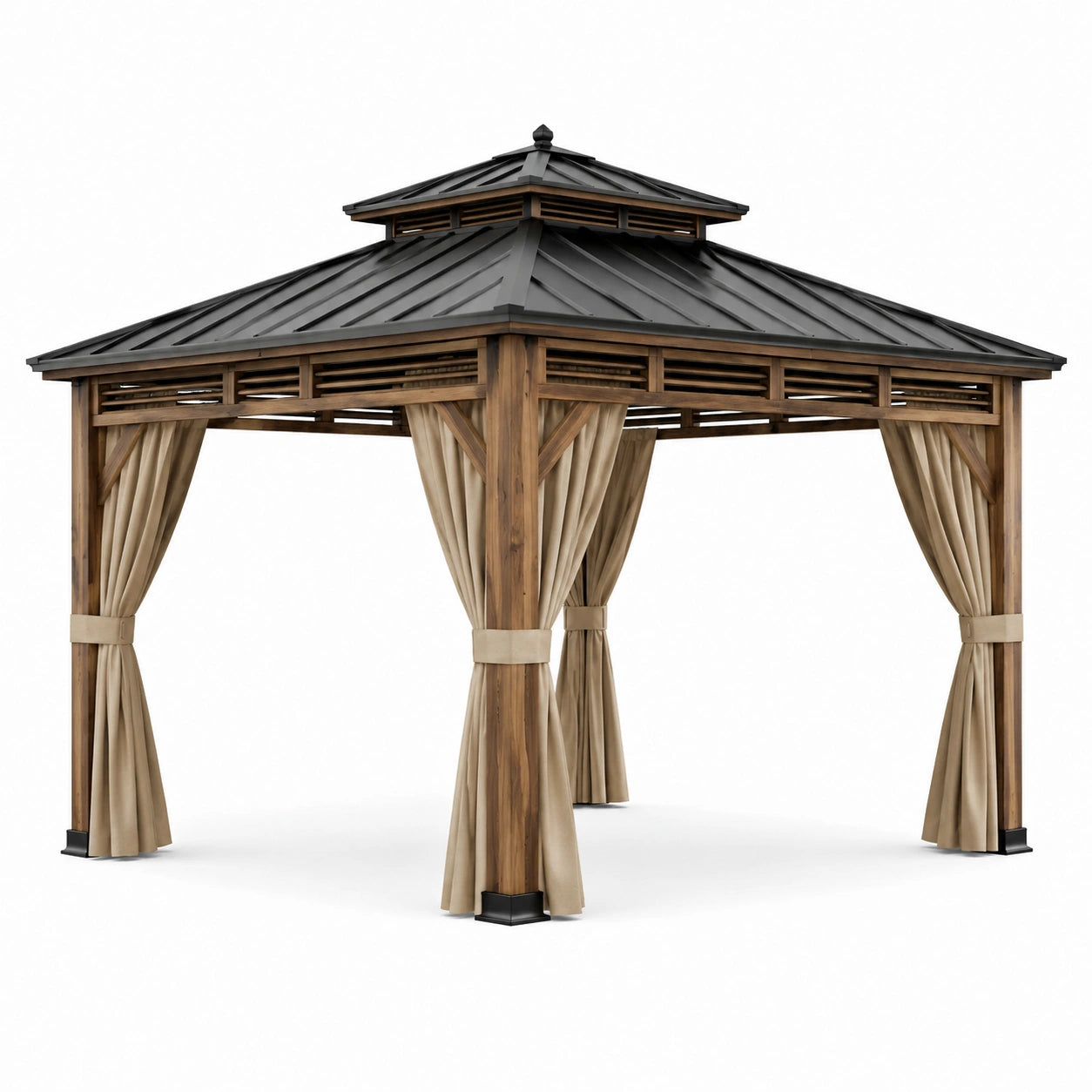 Gazebo in Legno e Acciaio con Tetto e Tende Beige