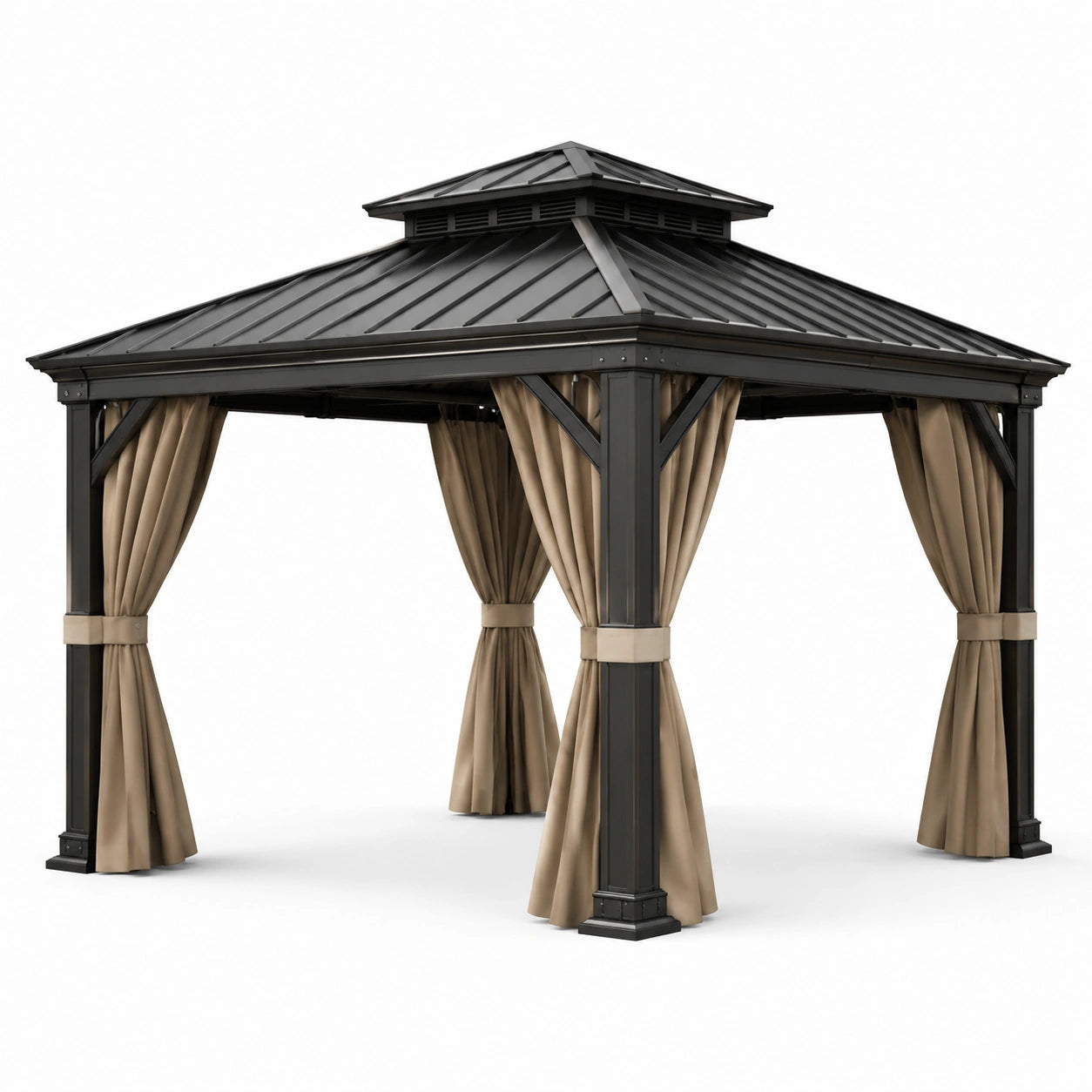 Gazebo in Metallo Nero con Tetto a Due Livelli e Tende in Poliestere Beige