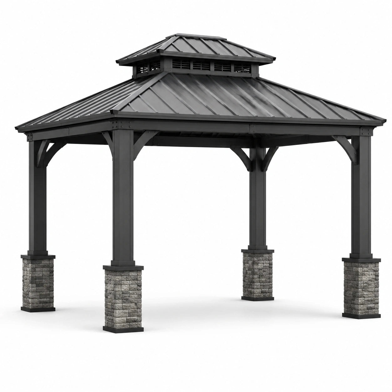 Gazebo Metallo con Pilastri in Pietra e Tetto Acciaio Grigio