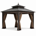 Gazebo da esterno in metallo con tende in poliestere marroni