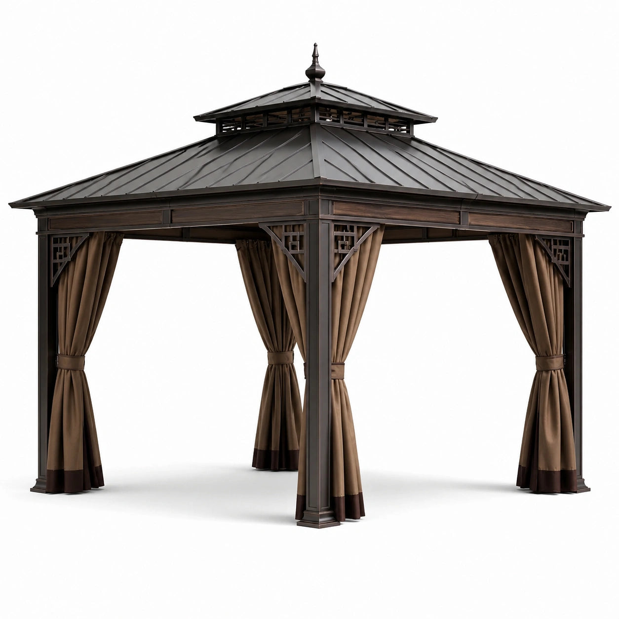 Gazebo da esterno in metallo con tende in poliestere marroni