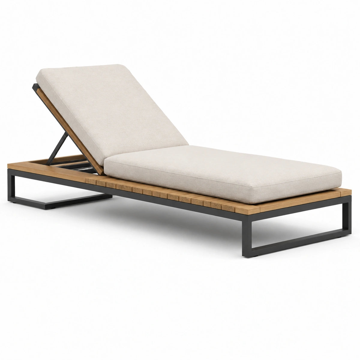 Lettino prendisole in legno e metallo con cuscino in tessuto beige