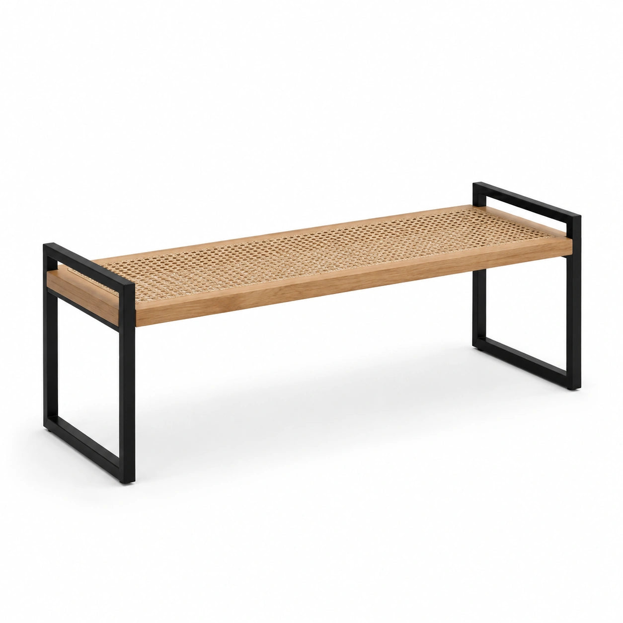 Panca in legno e rattan con struttura in metallo nero